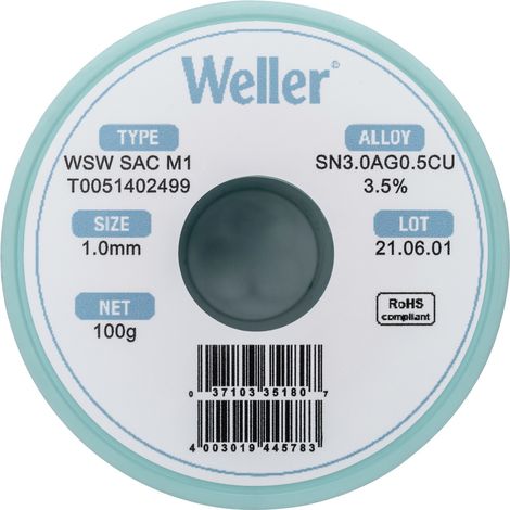 Weller T0051402499 Lötzinn, bleifrei Spule, bleifrei Sn3,0Ag0,5Cu 100 g 1 mm