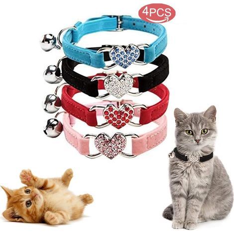 Katzenhalsband, verstellbares, weiches Samthalsband mit Glöckchen, niedliches Haustierzubehör, geeignet für die meisten Katzen und kleine Hunde – Rosa + Blau + Schwarz + Rot – Fei Yu (1/5)