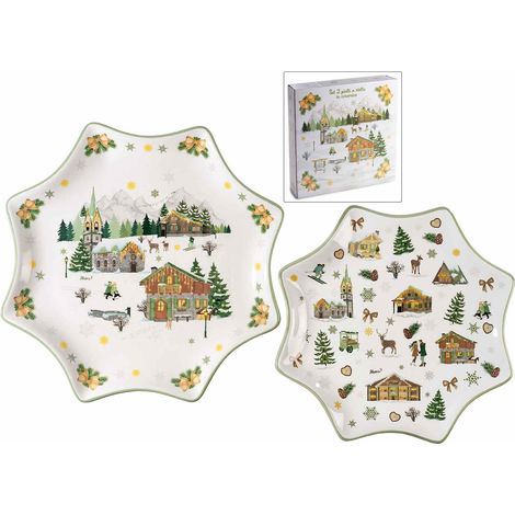 Piatti di Natale a forma di stella adatti al contatto alimentare realizzati in ceramica con decorazioni villaggio natalizio innevato, Grande: Ø 30 cm