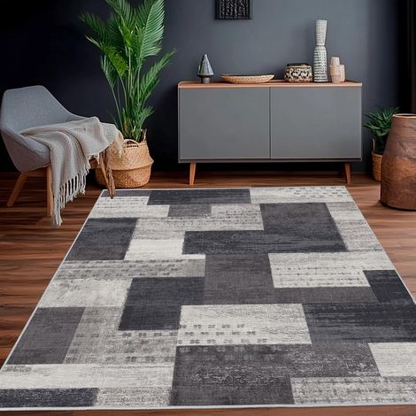 Modern Geometric Patchwork Indoor Area Rug for Living Room, 160x230 cm Large Bedroom Rug Rockwood Collection Hardwood Floors Decor, Blue Carpet for Office Entryway Dining Room (1/5)