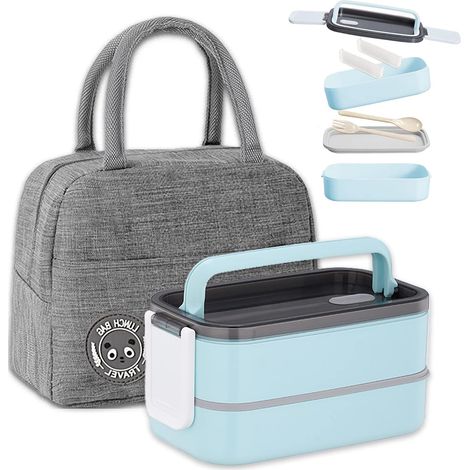 Bento Lunch Box Kit,1400 ml Double Couche Hermétique Boite Repas avec Couverts et Sac Isotherme, pour Pique-Nique, Travail, Goûter, Bento Box pour Micro Ondes(Bleu) (1/5)
