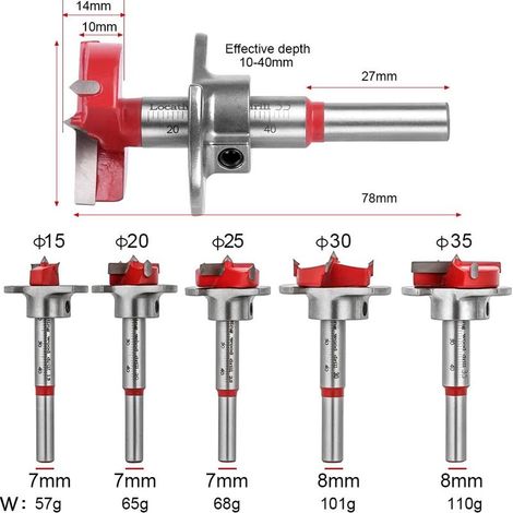 Bohrer, 5er-Set (Ø15-35 mm), Holzbearbeitungs-Fräserset mit einstellbarer Positionierung, Hartmetall-Lochsäge mit Anschlag (Tiefenbereich 10-40 mm) (1/5)