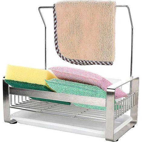 Support adhésif pour éponge de cuisine en acier inoxydable, organiseur de comptoir pour brosse et torchon, porte-éponge argenté (1/5)