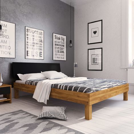 Lit avec pieds carrés en chêne massif clair 140x190 et tête de lit noire - LT36005 (1/4)