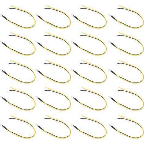 20 pièces LED 5mm blanches pré-câblées émettant jaune, haute luminosité, normalement ouvertes, en ligne, 12V, rondes (1/5)