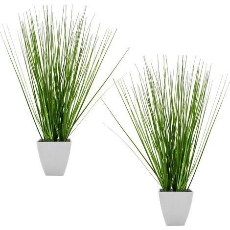 Kunst Dekogras grün 44 cm im weißen Topf - 2er Set - Künstliches Zebragras mit Blumentopf
