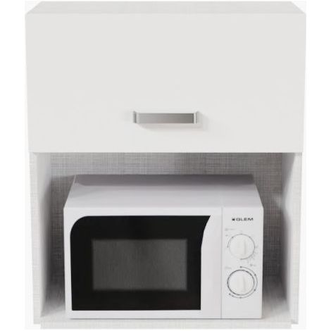Cuisibane – Meuble micro-ondes à poser 60 cm – Niche 37 cm pour micro-ondes – Rangement haut 30 cm – Caisson gris clair aspect tissé