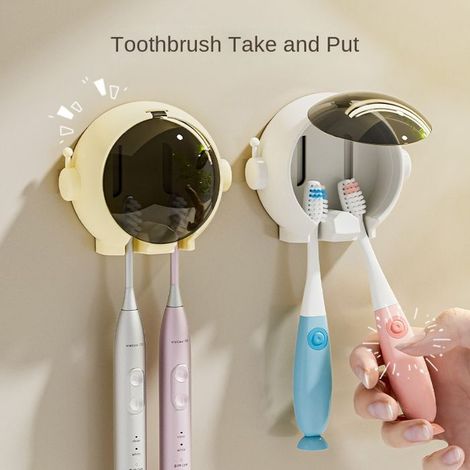 Porte-brosses à dents mural avec couvercle anti-poussière, compatible brosses électriques et manuelles (1/5)