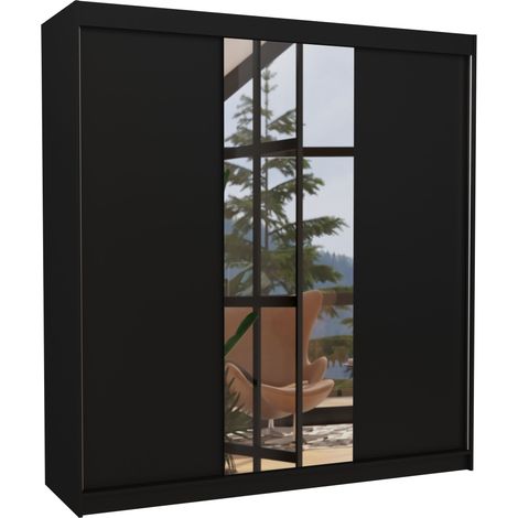 Armoire chambre adulte 2 portes coulissantes bois et miroir ZAFA 200cm-Noir (1/5)