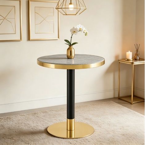 Mesa auxiliar redonda 60x60x73.7 cm gris en MDF y metal con efecto mármol y borde dorado (1/3)
