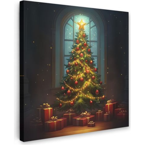 TABLEAU SUR TOILE Arbre de Noël - Cadeau - Hiver Tableau Chambre Adulte 90x90 cm