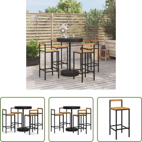Chaise de bar - Ensemble de bar jardin 5 pcs noir poly rotin/bois massif acacia (1/5)