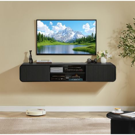 Meuble TV mural 160 cm avec niches ouvertes et passe-câbles, rangement suspendu pour salon, MDF noir (1/5)