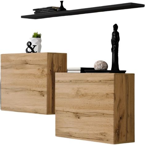 Ensemble meubles de salon SWITCH SBI design, coloris chêne Wotan et étagère noire.
