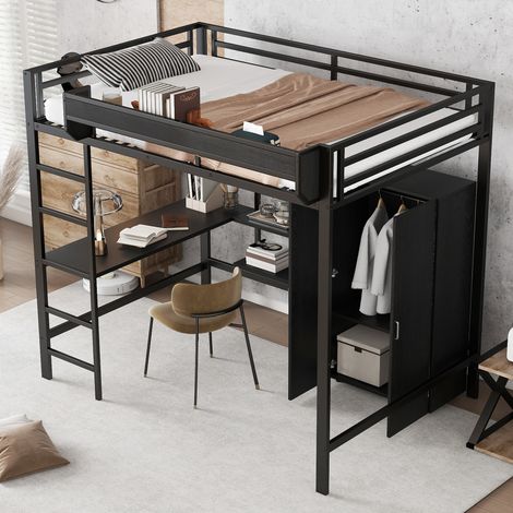 Hochbett 140x200 cm mit Schreibtisch und Kleiderschrank, Stauraum und Regal, aus Metall, Schwarz, ohne Matratze