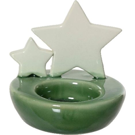 Weihnachtsteelichthalter Sterne Grün/Weiß Ø 8,5 x 9 cm - Porzellan