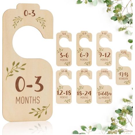 Separadores de ropa de bebé: juego de 8 perchas de madera de doble cara en varios tamaños，aptas para recién nacidos hasta los 24 meses (1/5)
