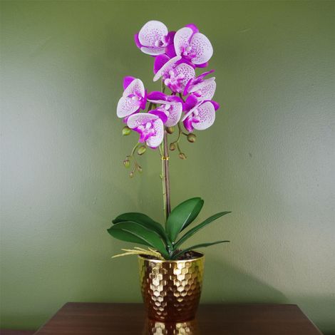 50cm Phalaenopsis Orchid Artificial - Purple / White - Gold Pot (1/4)