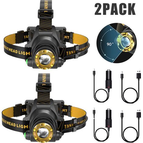 2er-Set USB-wiederaufladbare LED-Stirnlampe 3 Modi inkl. Autoladegerät Camping (1/5)