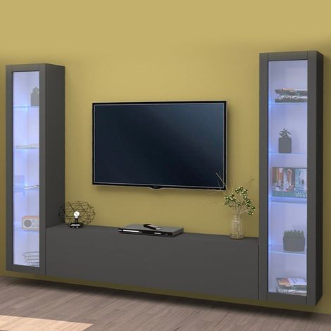 Mueble de TV moderno de pared en color antracita, modelo Liv RT, con 2 armarios con puertas de cristal. (1/5)