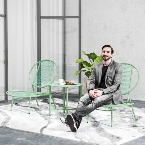 Ensemble Bistro de mobilier jardin étanche en rotin poly 3 pièces avec table bistrô Chaises forme coquillage vertes