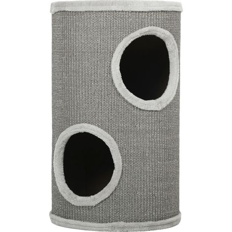 Barril rascador, 60 cm de alto, Ø 35 cm, barril para gatos de dos pisos con 2 cuevas, borde acolchado, para 1-2 gatos de hasta 5 kg, gris claro.