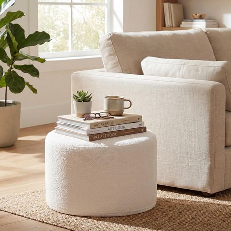 COSTWAY Pouf Ottomano Rotondo 45 x 35 cm, Imbottito in Schiuma Morbida con Tessuto,Beige (1/5)