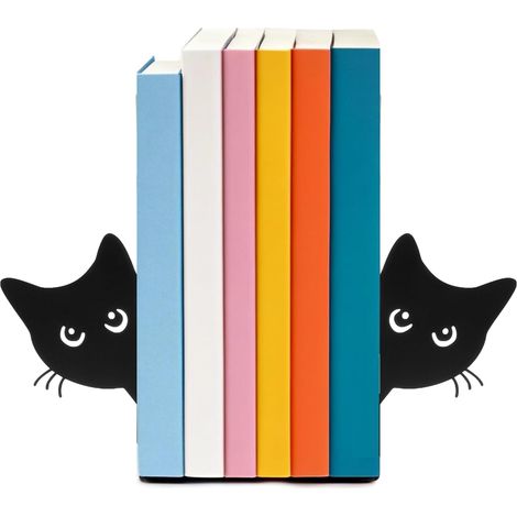 2PCS Serre-Livres Hidden Cat Couleur Noir Support de Livres, Serre-Livre Métal Antidérapant Serr-Livre en Métal Serree Livree Métals Cale Livre-Noir Presse Livre pour Bureau Bibliothèque (1/5)
