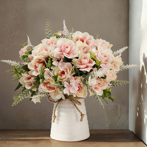 Fleurs Artificielles dans un Vase en Céramique Fausses Gardénia Fleurs en Soie Bouquet De Mariée Fleur Réaliste pour La Fête De Mariage Maison Décoration De Table Centres (Rose) (1/5)