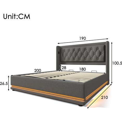 Lit double 180x200 cm gris, sommier en bois capitonné avec coffre hydraulique, tête de lit matelassée avec port USB-C, éclairage LED sur 3 côtés (matelas non inclus) (1/4)