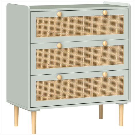 Commode bohème 3 tiroirs effet rotin vert olive, rangement salon entrée 80x40x87,5 cm (1/5)