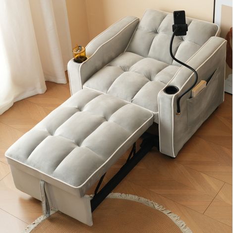 Sillón cama individual 83x167x76 cm gris antiguo y blanco en terciopelo y espuma con respaldo reclinable 3 en 1 (1/5)