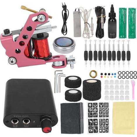 Kit complet machine à tatouer avec alimentation électrique, aiguille 3RL, poignée de tatouage, 10 bandes adhésives, machine à bobine 90-265V, prise UE (1/5)