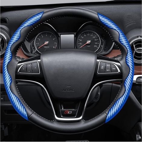Housse de Volant Antidérapante en Fibre de Carbone pour Voiture, Couvre Volant Voiture Universel, Housse Volant Voiture Pro en Fibre de Carbone, Antidérapant et Respirant(Bleu) (1/5)