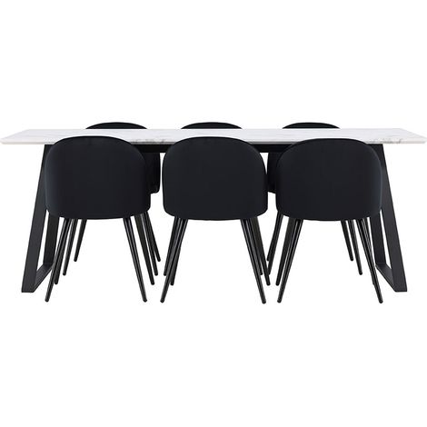 Malaga ensemble pour salle à manger table de salle à manger 90x200cm blanc et 6 Skagen chaise velours noir. (1/5)