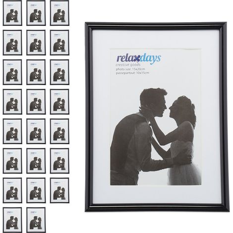 Relaxdays Picture Frame, Set of 24, 15x20 cm, Wood Look, Portrait & Landscape Format, Passepartout, Plastic, Black