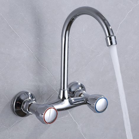 Kupfer wandmontiert heißer und kalter wasserhahn doppelgriff waschbecken gemüse becken küche balkon wäsche pool küche wasserhahn (1/4)