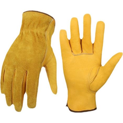royaluxe - Gants de travail en cuir Flex Grip Gant de jardinage en cuir de vachette résistant pour la coupe du bois/le jardin/la cour (Or, M) (1/5)