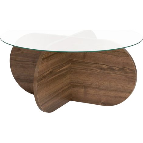 Table basse ronde effet Noyer et verre Ø75 cm - Eolia