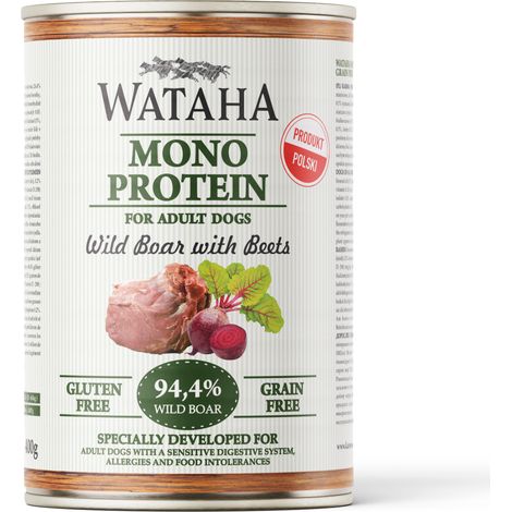 Alimento monoproteico Wataha para perros adultos, 94,4 % jabalí con remolacha, 400 g.
