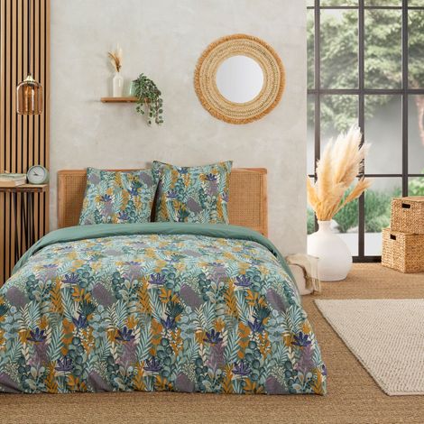 Parure de lit 2 personnes 100% coton réversible – Motif végétal tropical – Housse de couette 260x240cm + 2 taies 63x63cm – Future Home