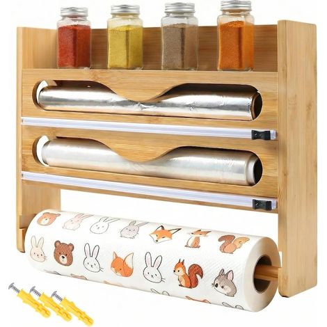 Distributeur de film étirable et de film étirable avec porte-rouleau de cuisine, distributeur de papier d'aluminium 4 en 1 avec cutter, support mural en bambou compatible avec les rouleaux de (1/5)
