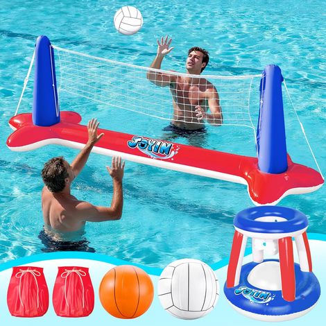 Flotteurs de Piscine gonflables, Filet de Volley-Ball et Panier de Basket-Ball, Jeu de Natation Flottant pour Enfants et Adultes, flotteurs d'été, Jouets d'été pour Les Sports Aquatiques, Rouge (1/5)