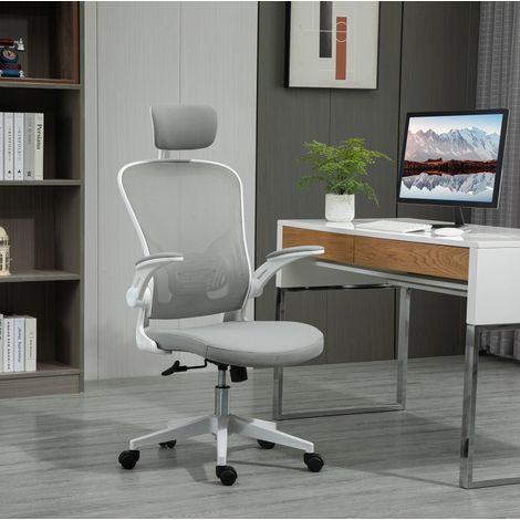 Sedia da ufficio ergonomica in rete grigia con poggiatesta, supporto lombare, braccioli ribaltabili, 65 x 64 x 114-122 cm (1/5)