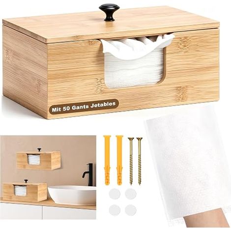 Bamboo Disposable Washcloth Storage Box Wall Desk Dispenser Lid Bathroom Organizer (1/5)