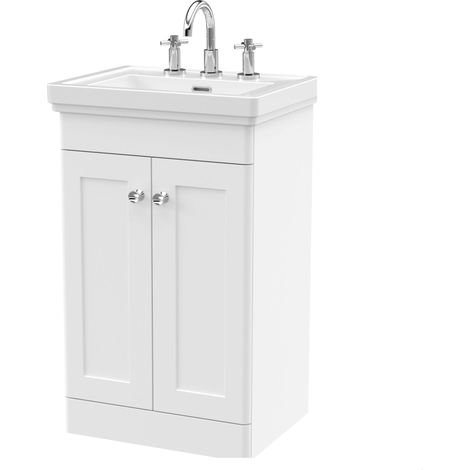 Swynnerton Traditional 2 Door Floor Standing Vanity Unit with Basin, Satin White, 500mm