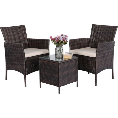 Homevive Conjunto de Muebles de Jardín Juego de 2 Sillas y 1 Mesa de Ratán PE Impermeable Sillas para Exteriores con Cojines Marrón