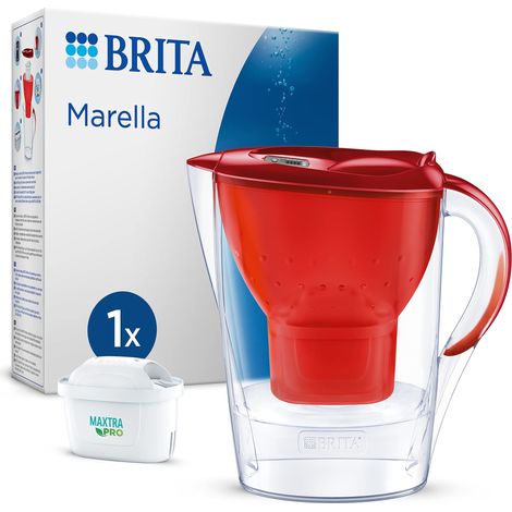 BRITA Caraffa filtrante Marella rossa (2,4l) incl 1 cartuccia filtro acqua rubinetto MAXTRA PRO All-in-1 riduce PFAS,calcare, cloro, alcune impurità e metalli indicatore temporale, eco-imballaggio (1/5)
