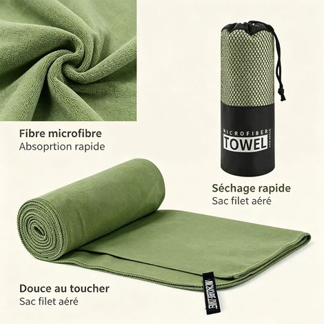 Serviette de Bain en Microfibre Double Face - Séchage Rapide, Serviette de Plage et de Sport Absorbante, Vert Militaire, Compacte et Légère pour Voyage Camping Gym Natation, Serviette de Sport Anti-Tr (1/5)