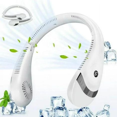 Ventilador de cuello portátil sin aspas de 360°, plegable y silencioso, con conexión USB, pantalla digital y batería de larga duración, ideal para uso en exteriores.